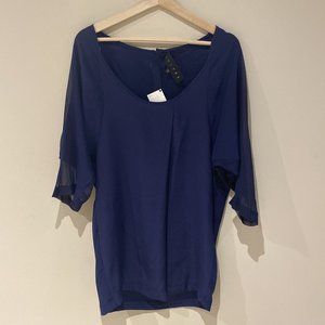 Annyee Navy Blue 100% Silk Blouse Tunic Back Buttons Size S/M